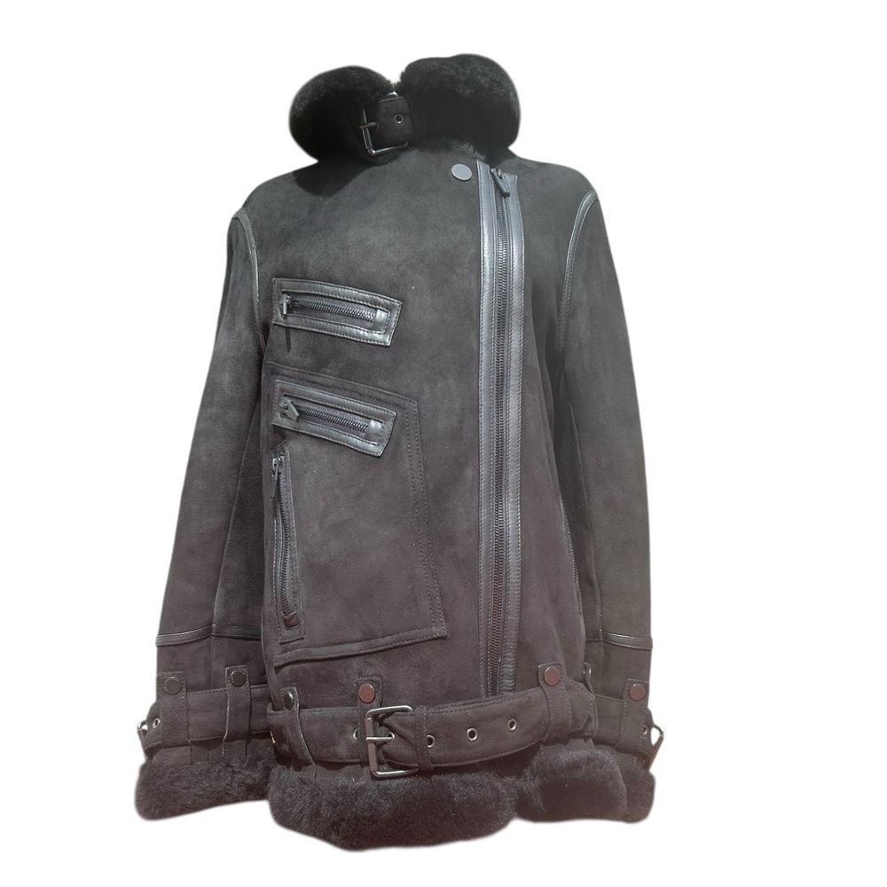 The Arrivals Moya Oversized Shearling Black Suede Moto Jacket Size Small - Picture 7 of 15